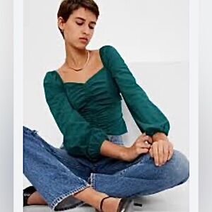 The Gap puff sleeve sweetheart top, ruched front, shirred back,  green, L (tall)